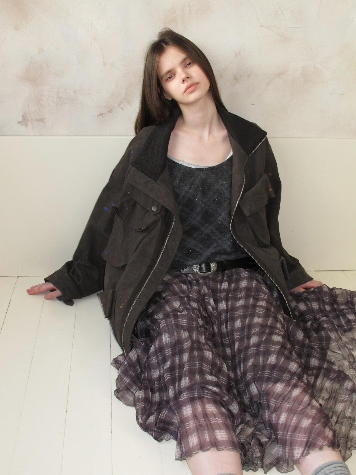 UNIVERSE Vintage Purple Plaid Pleated Irregular Hem Women's Polyester Maxi Skirts