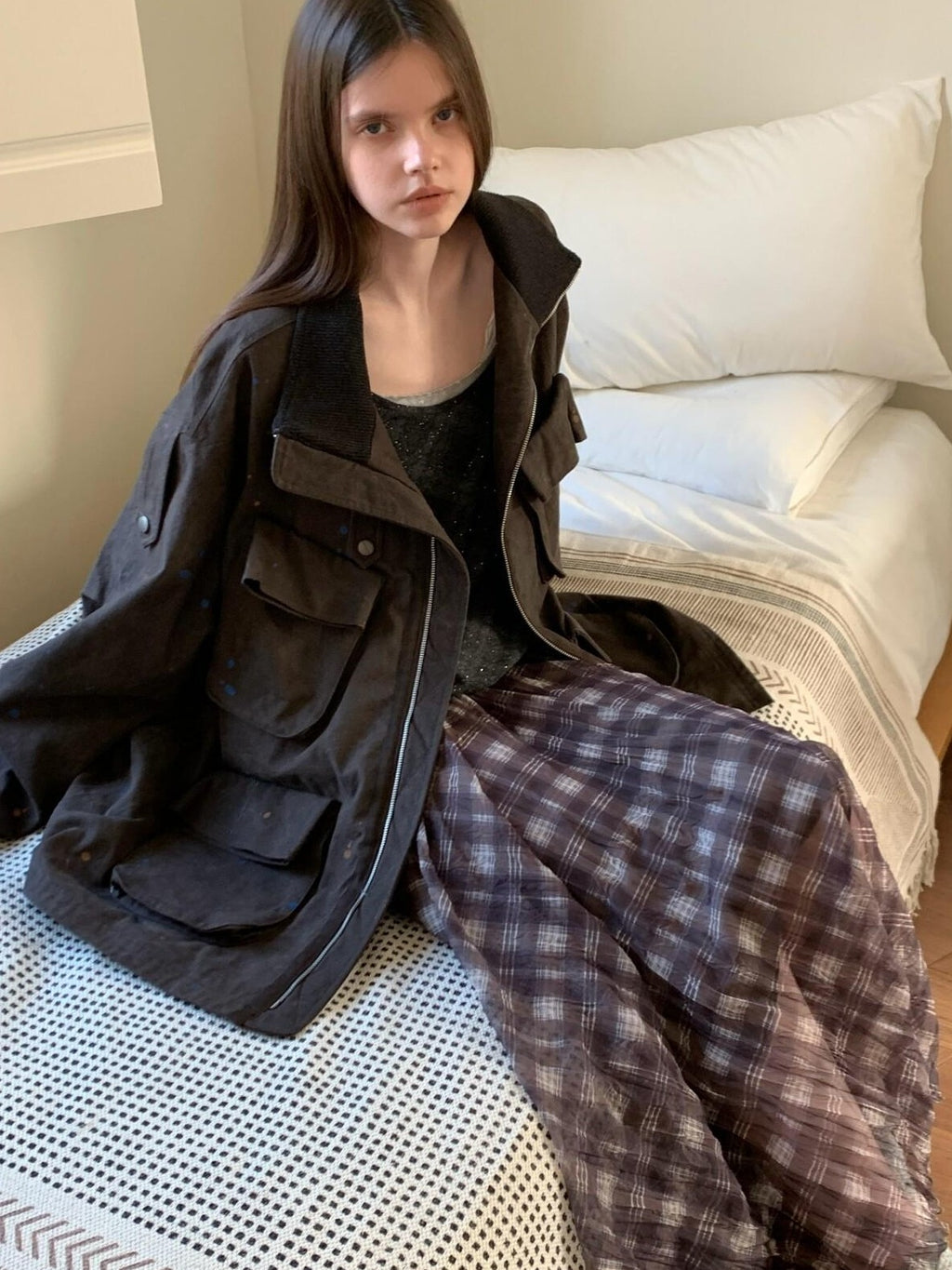 UNIVERSE Vintage Purple Plaid Pleated Irregular Hem Women's Polyester Maxi Skirts