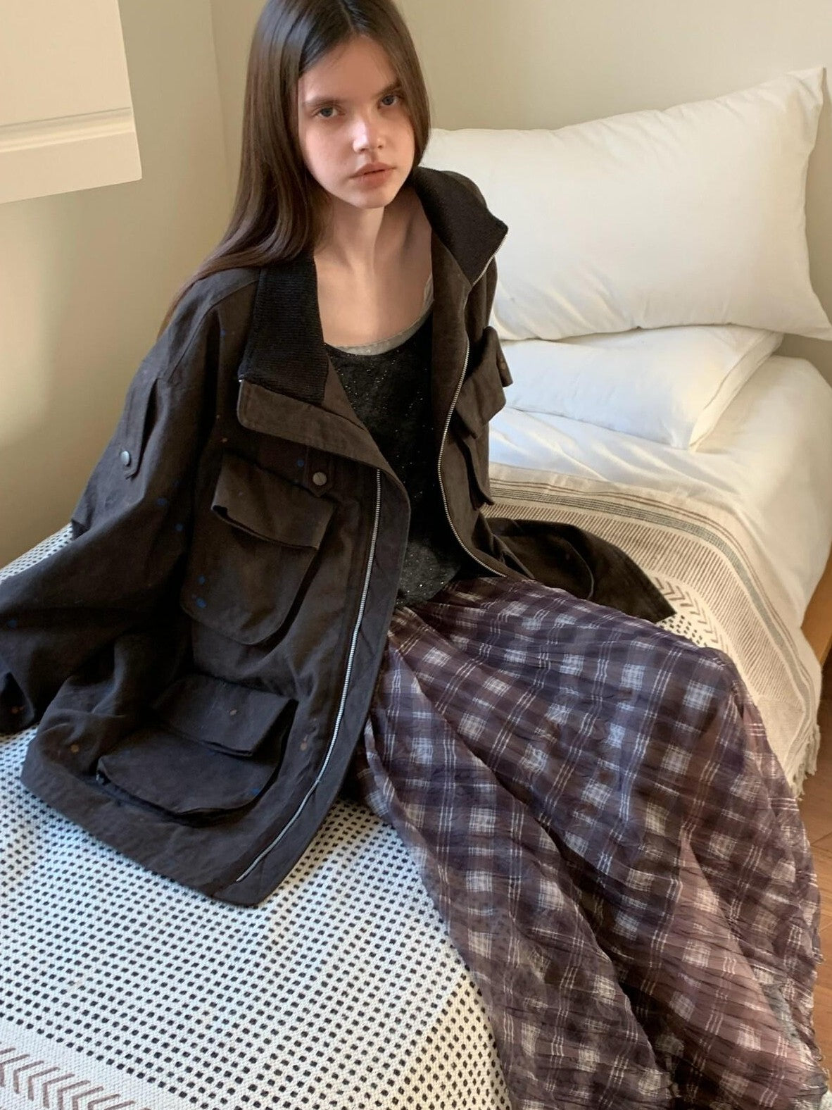 UNIVERSE Vintage Purple Plaid Pleated Irregular Hem Women's Polyester Maxi Skirts