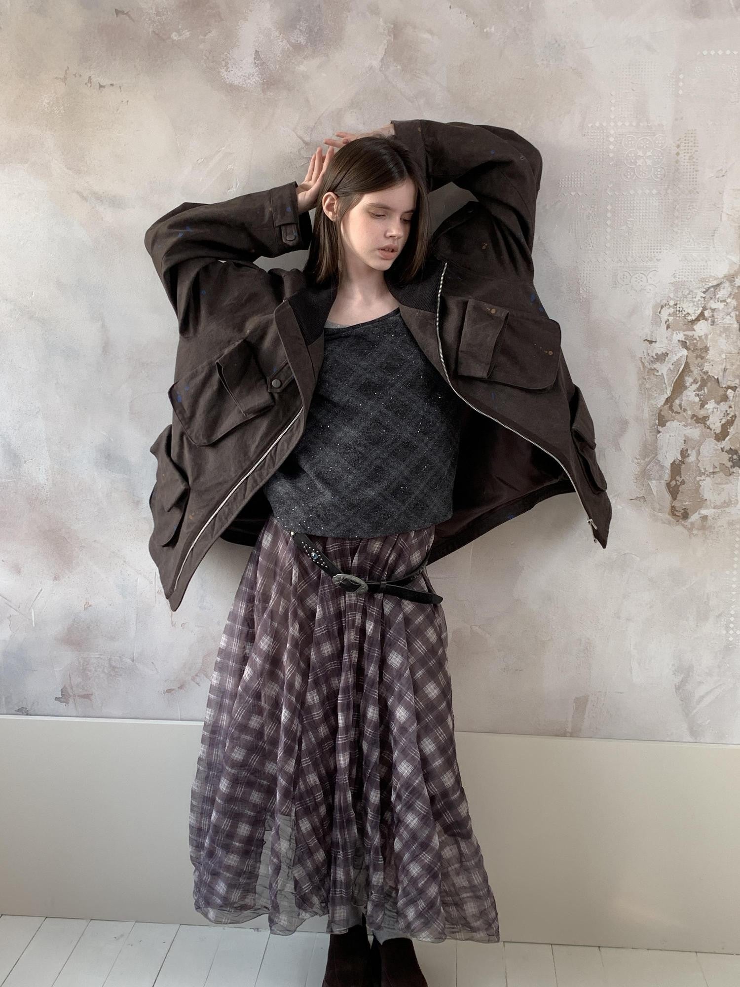 UNIVERSE Vintage Purple Plaid Pleated Irregular Hem Women's Polyester Maxi Skirts