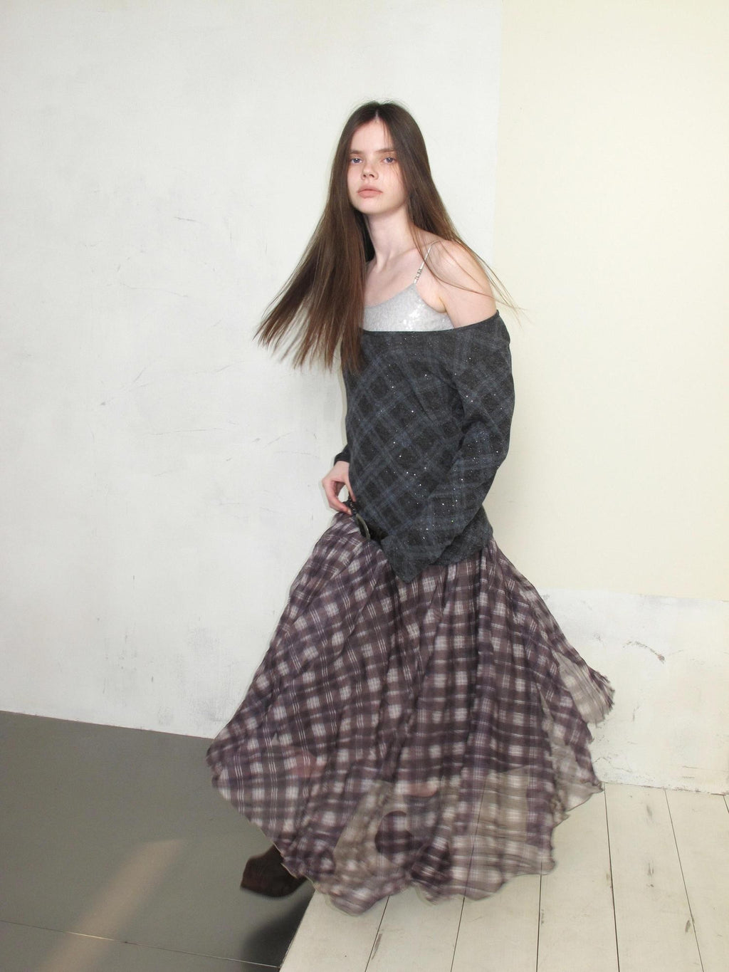 UNIVERSE Vintage Purple Plaid Pleated Irregular Hem Women's Polyester Maxi Skirts