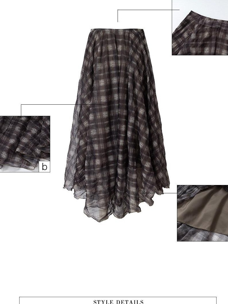 UNIVERSE Vintage Purple Plaid Pleated Irregular Hem Women's Polyester Maxi Skirts