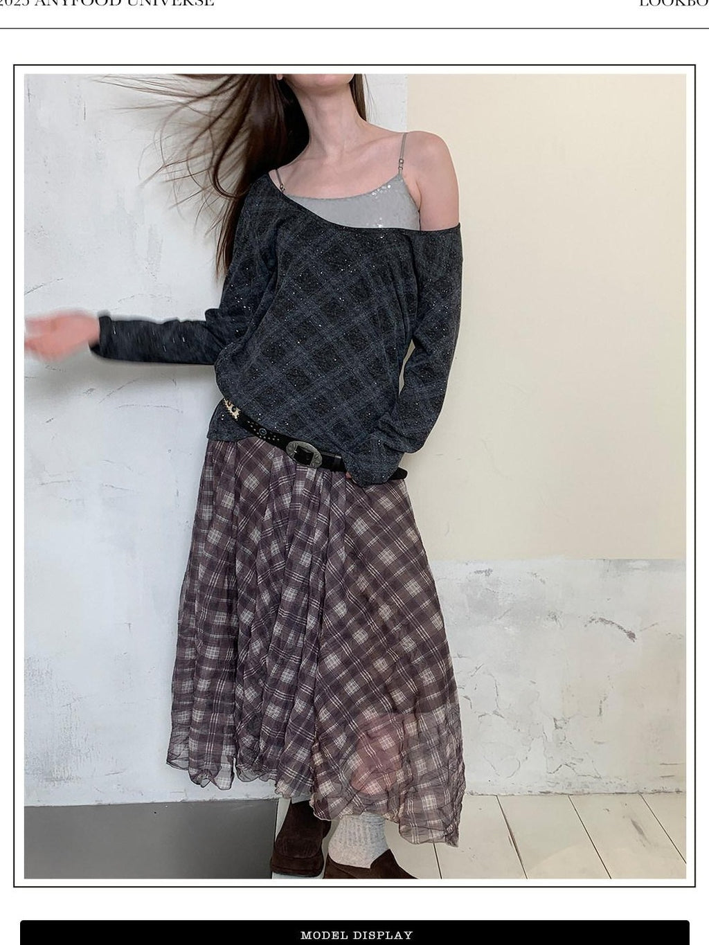 UNIVERSE Vintage Purple Plaid Pleated Irregular Hem Women's Polyester Maxi Skirts