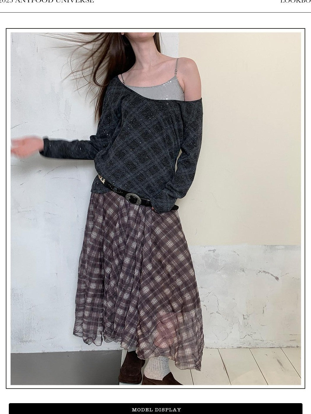 UNIVERSE Vintage Purple Plaid Pleated Irregular Hem Women's Polyester Maxi Skirts