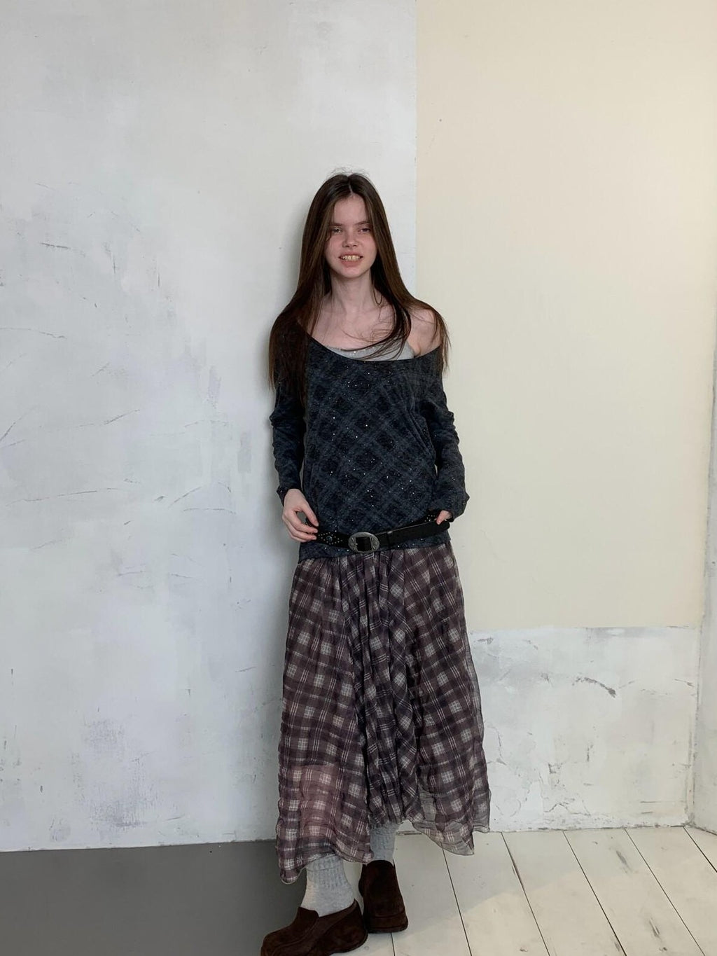 UNIVERSE Vintage Purple Plaid Pleated Irregular Hem Women's Polyester Maxi Skirts