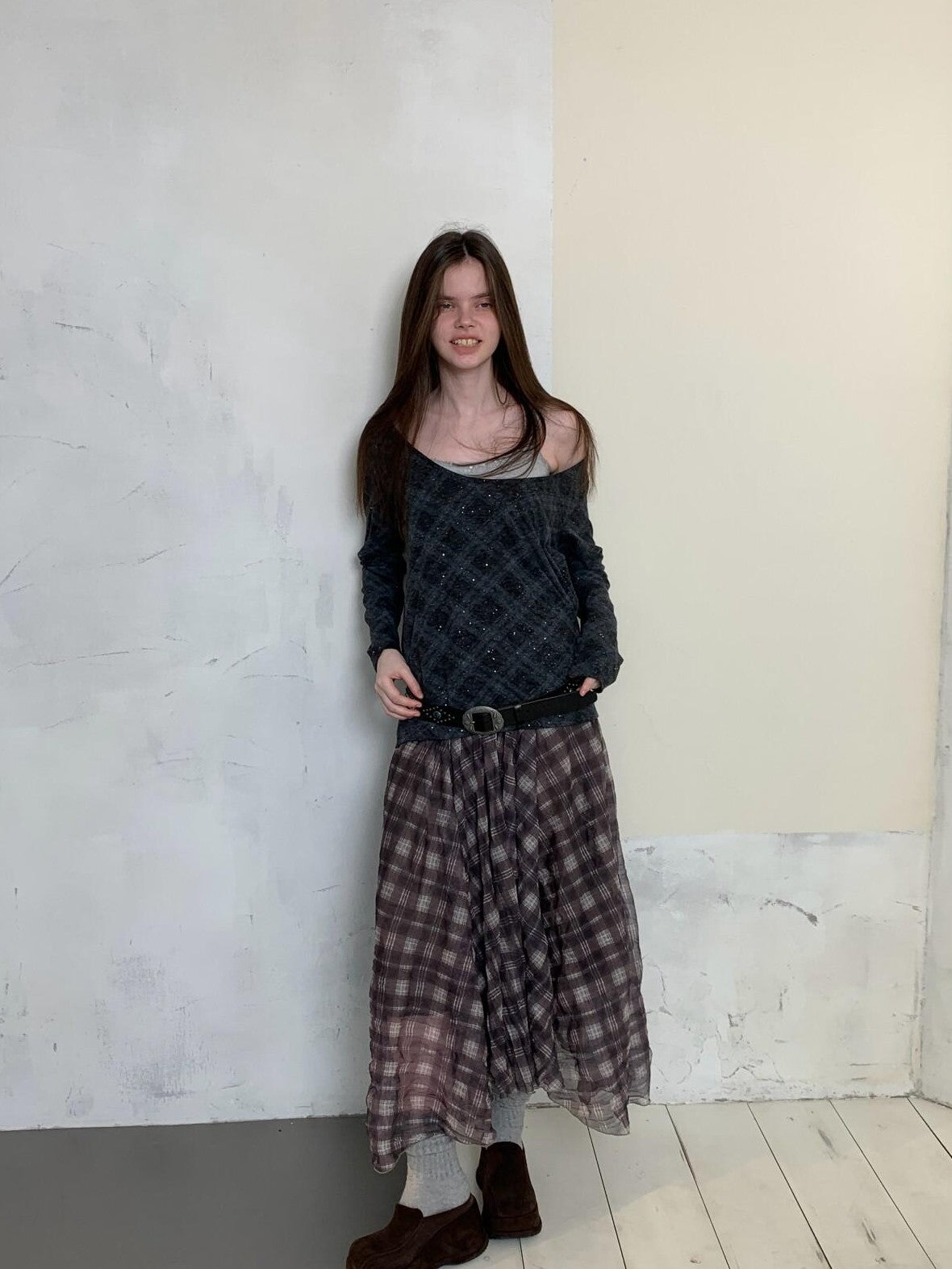 UNIVERSE Vintage Purple Plaid Pleated Irregular Hem Women's Polyester Maxi Skirts