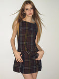 UNIVERSE Vintage Purple Plaid Sleeveless Cinched Waist Women's Aline Casual Mini Dresses
