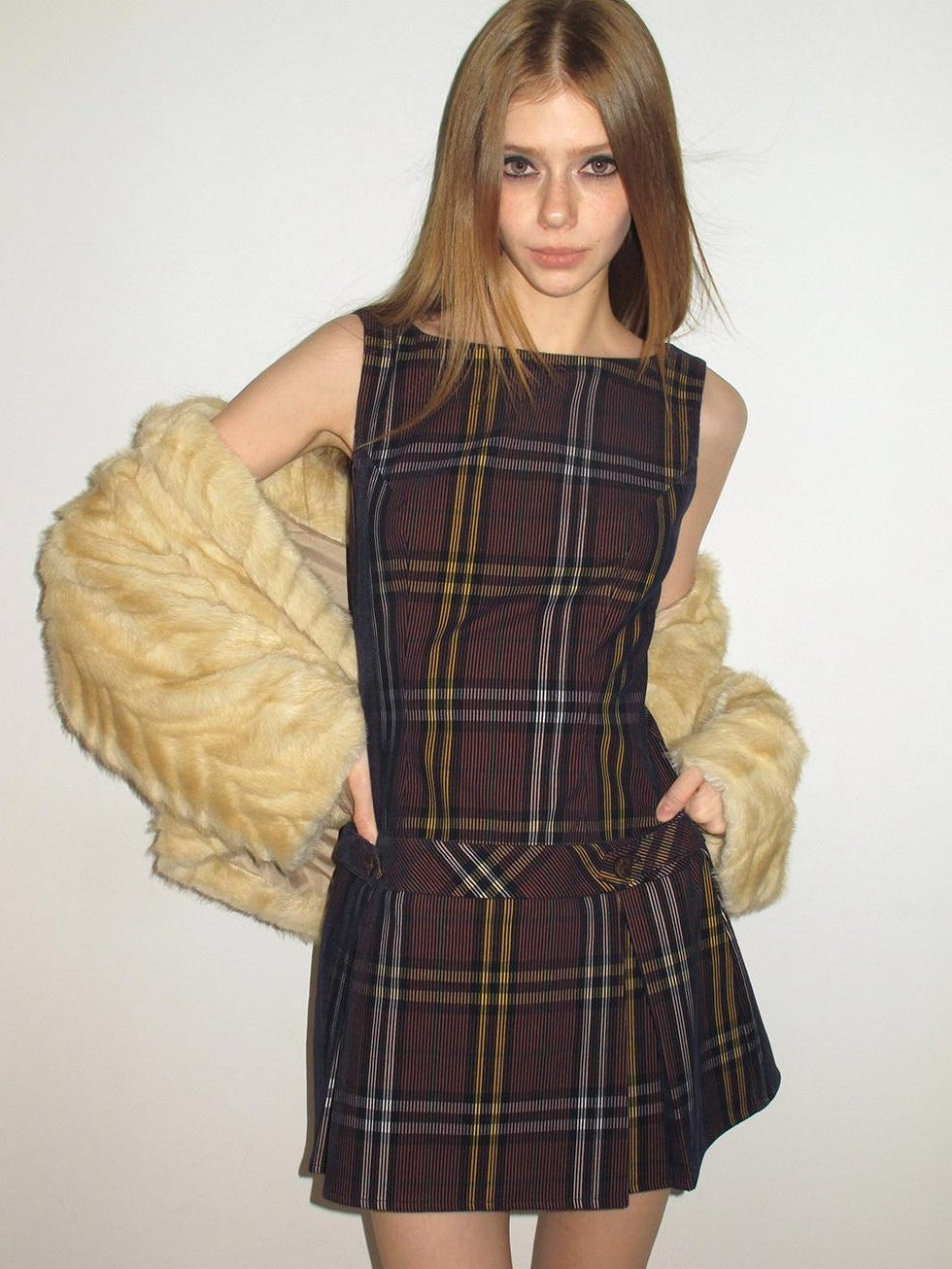 UNIVERSE Vintage Purple Plaid Sleeveless Cinched Waist Women's Aline Casual Mini Dresses
