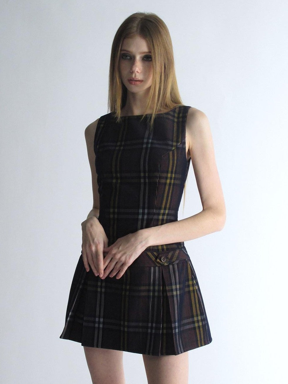 UNIVERSE Vintage Purple Plaid Sleeveless Cinched Waist Women's Aline Casual Mini Dresses