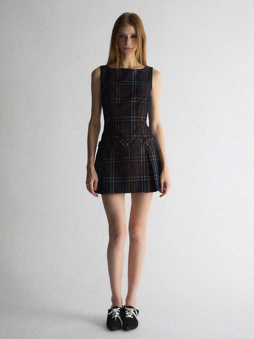 UNIVERSE Vintage Purple Plaid Sleeveless Cinched Waist Women's Aline Casual Mini Dresses