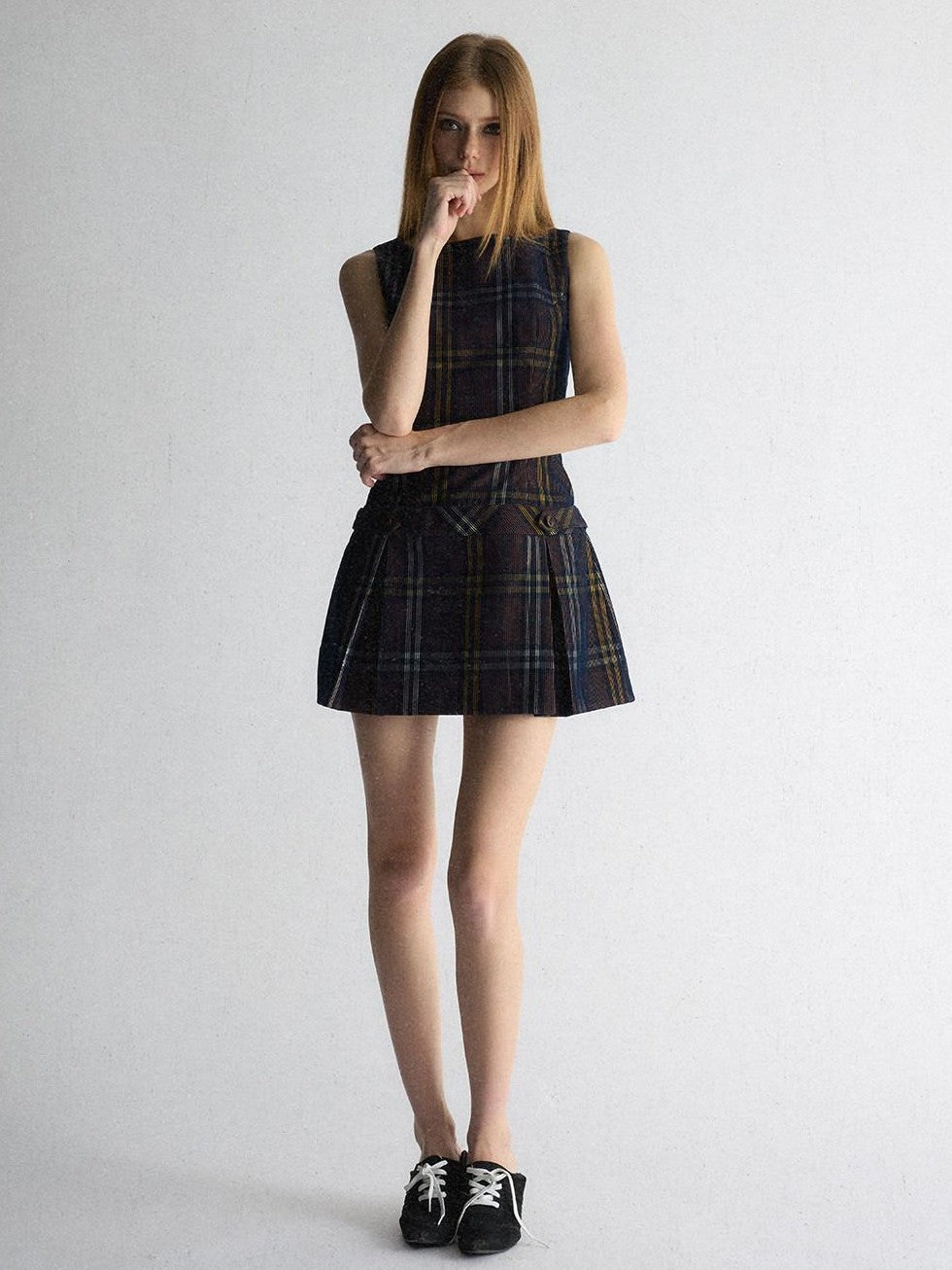 UNIVERSE Vintage Purple Plaid Sleeveless Cinched Waist Women's Aline Casual Mini Dresses