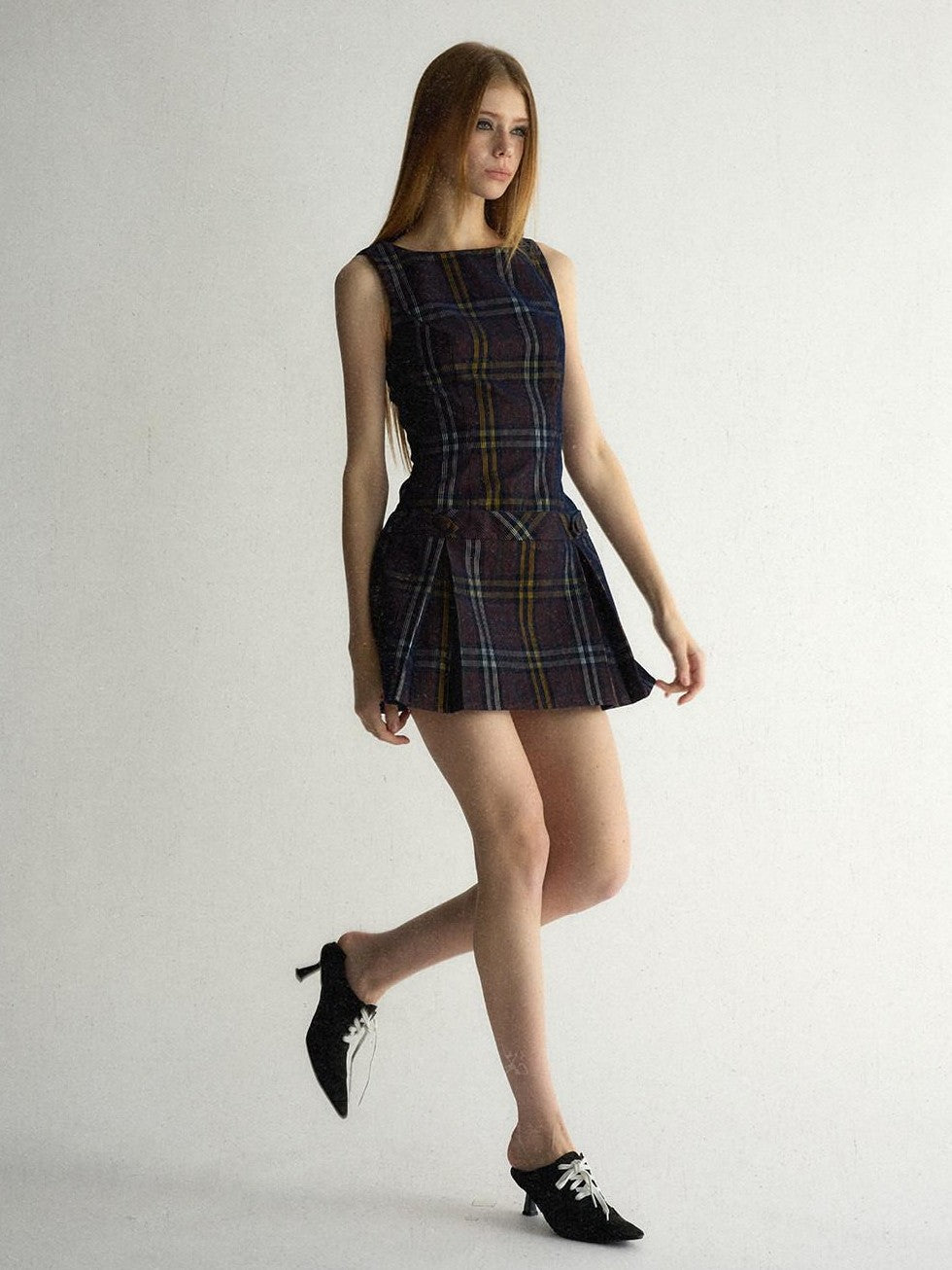 UNIVERSE Vintage Purple Plaid Sleeveless Cinched Waist Women's Aline Casual Mini Dresses