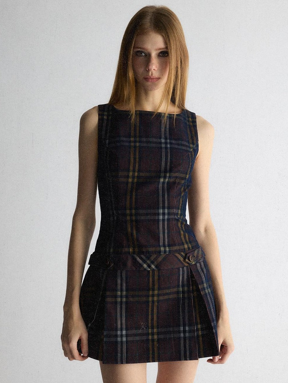 UNIVERSE Vintage Purple Plaid Sleeveless Cinched Waist Women's Aline Casual Mini Dresses