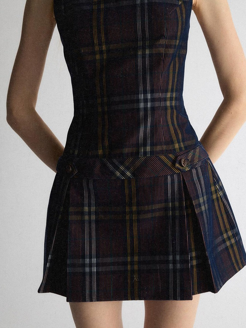 UNIVERSE Vintage Purple Plaid Sleeveless Cinched Waist Women's Aline Casual Mini Dresses