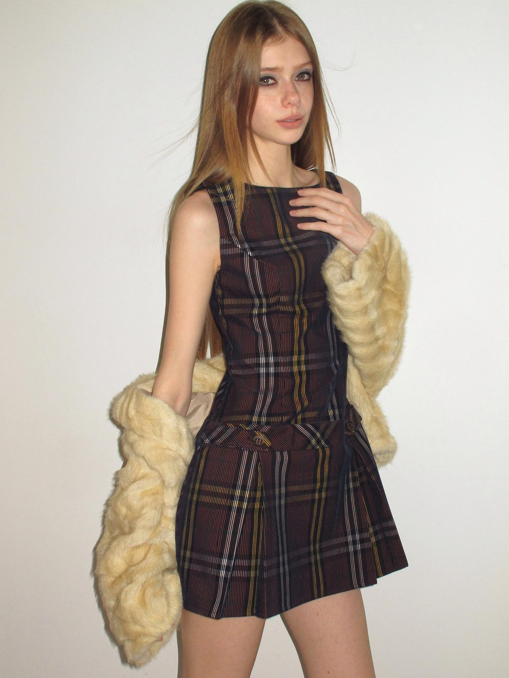 UNIVERSE Vintage Purple Plaid Sleeveless Cinched Waist Women's Aline Casual Mini Dresses