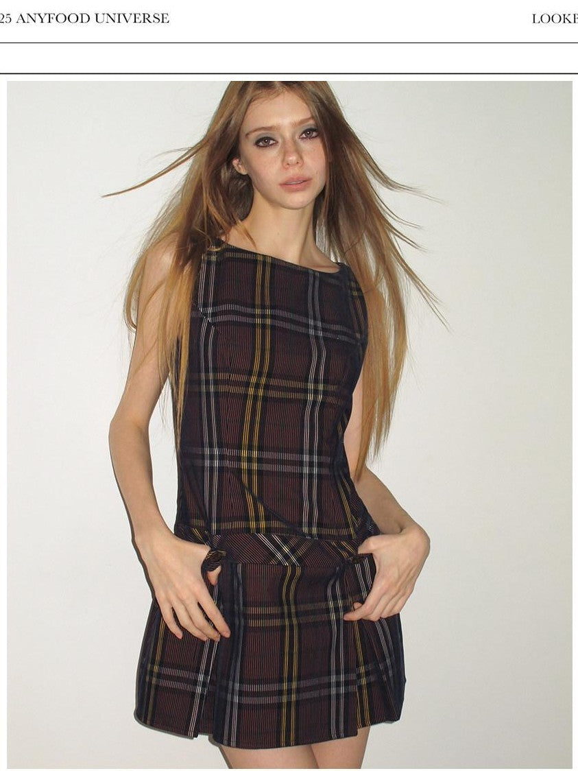 UNIVERSE Vintage Purple Plaid Sleeveless Cinched Waist Women's Aline Casual Mini Dresses