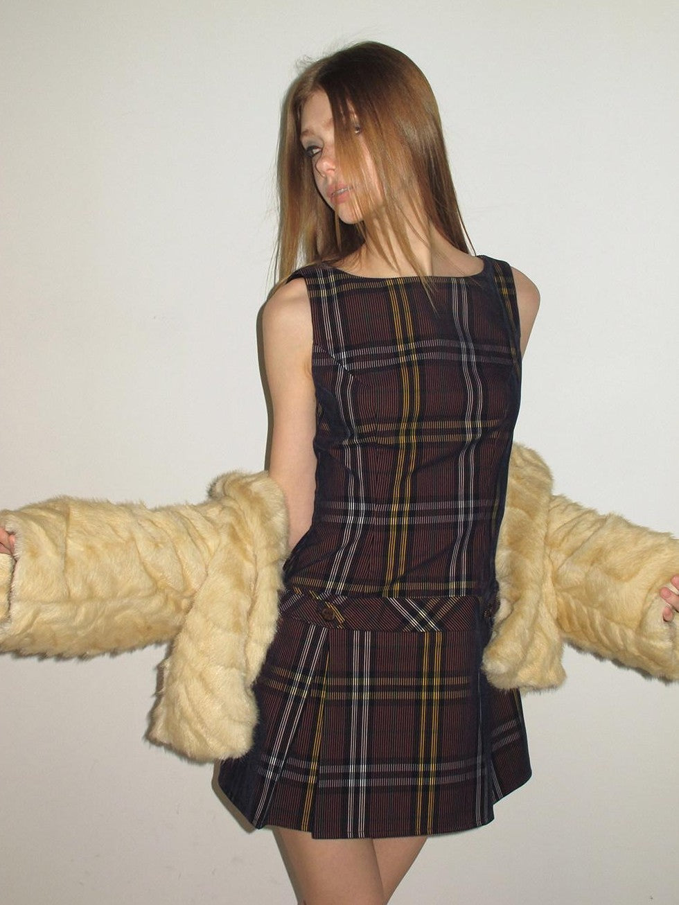UNIVERSE Vintage Purple Plaid Sleeveless Cinched Waist Women's Aline Casual Mini Dresses
