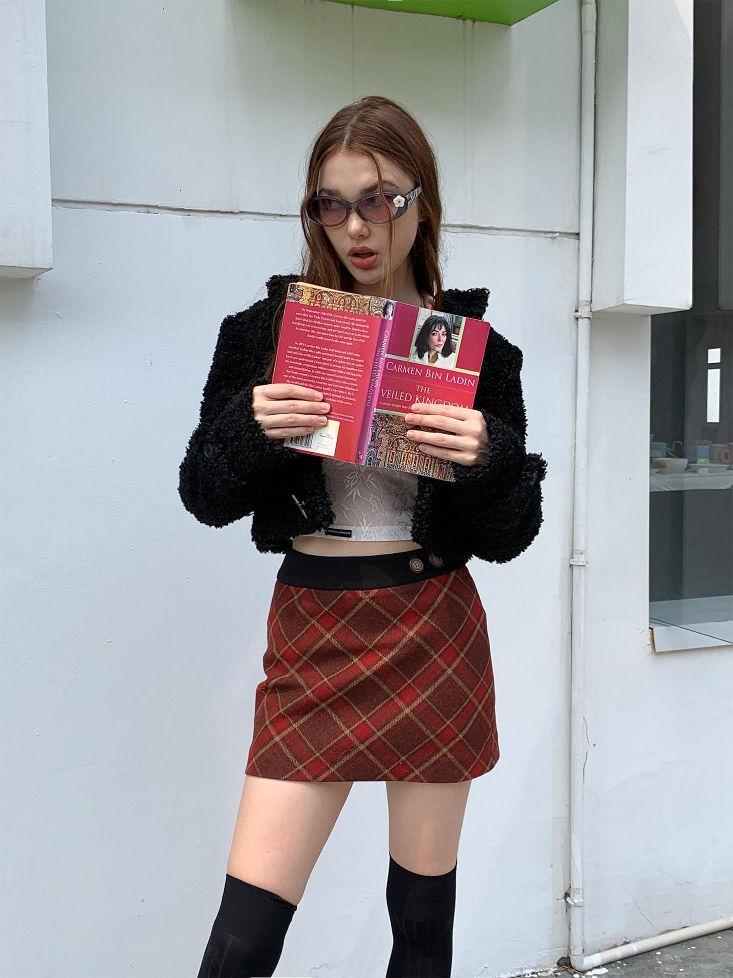UNIVERSE Vintage Red Plaid High Waist A Line Zipper Women's Polyester Mini Skirts