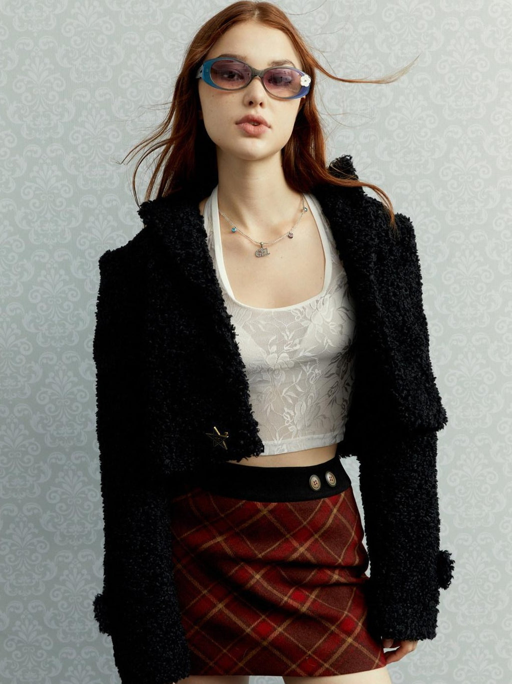 UNIVERSE Vintage Red Plaid High Waist A Line Zipper Women's Polyester Mini Skirts