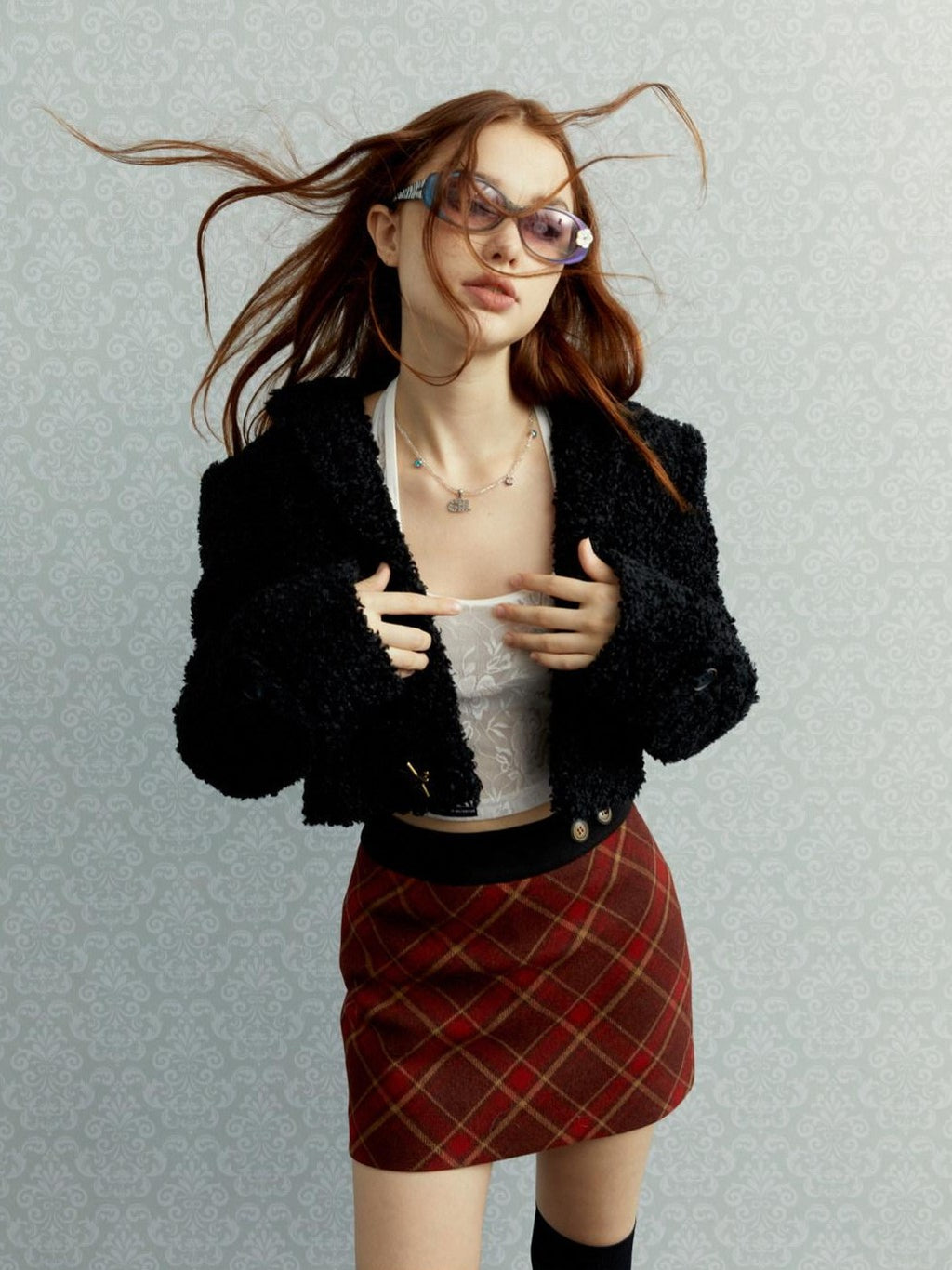 UNIVERSE Vintage Red Plaid High Waist A Line Zipper Women's Polyester Mini Skirts