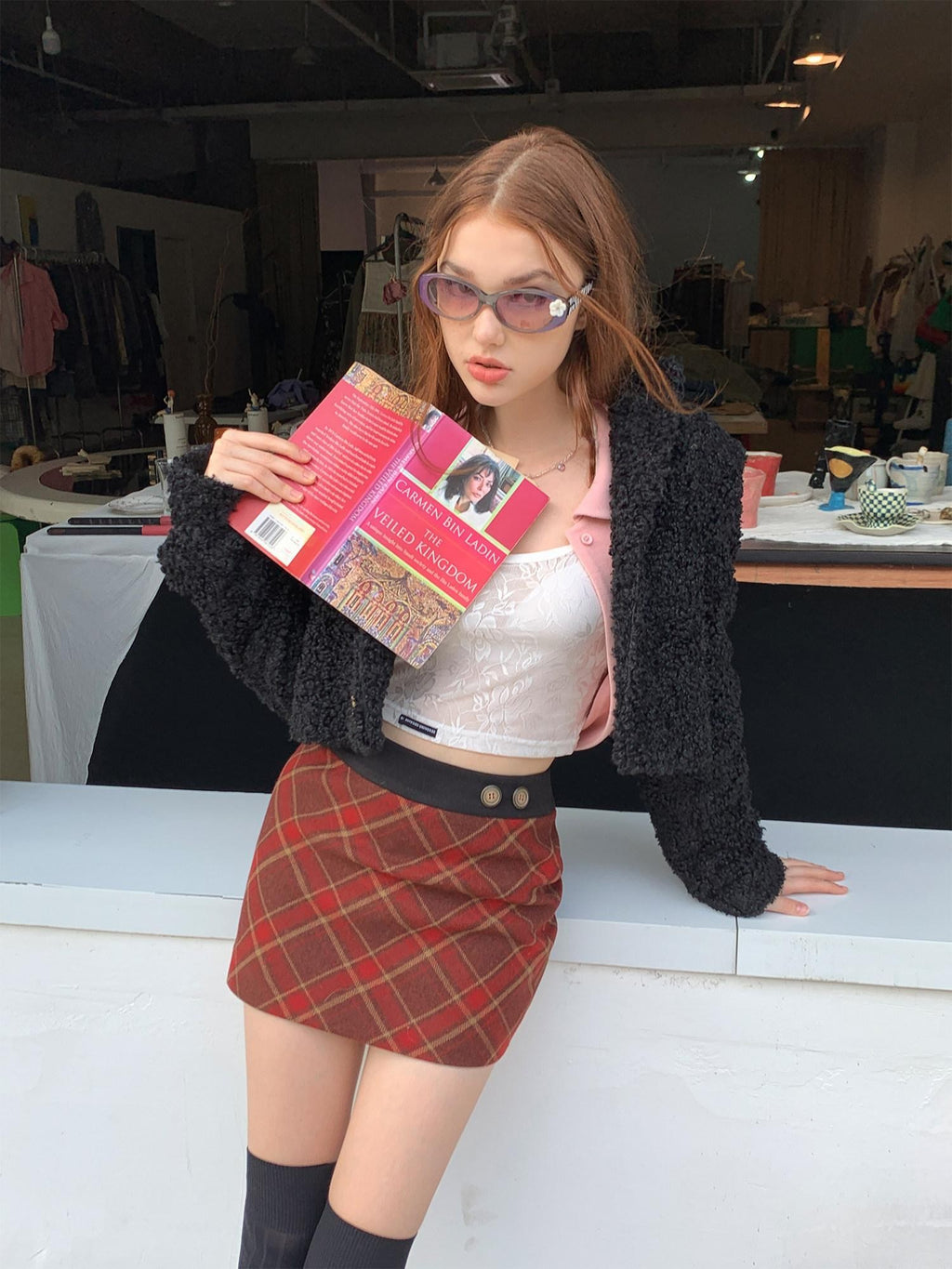 UNIVERSE Vintage Red Plaid High Waist A Line Zipper Women's Polyester Mini Skirts