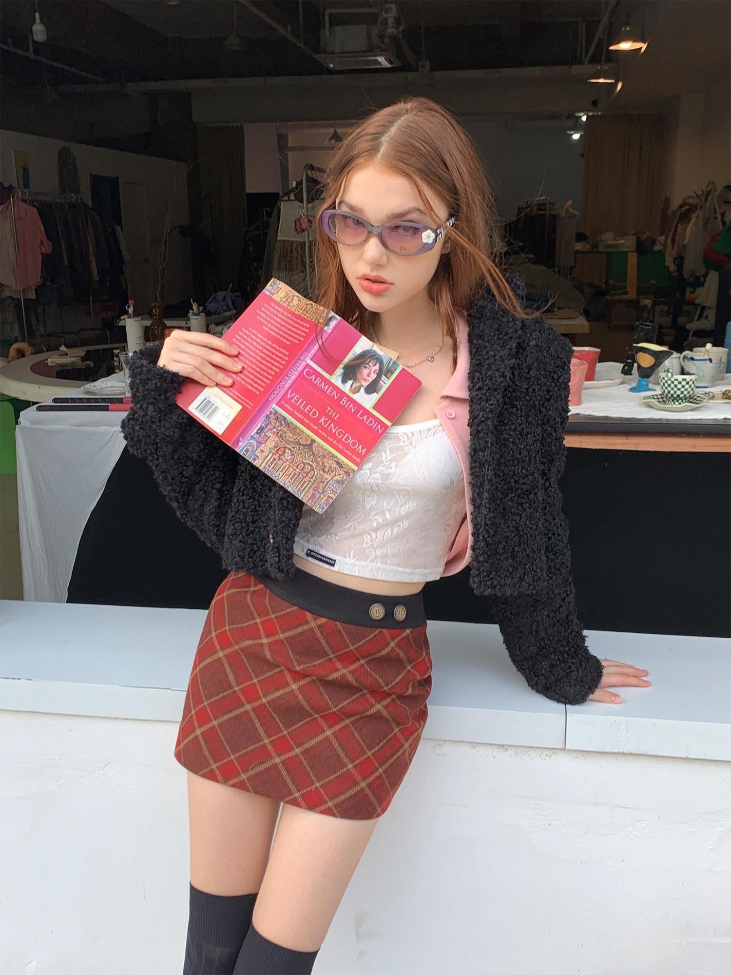 UNIVERSE Vintage Red Plaid High Waist A Line Zipper Women's Polyester Mini Skirts