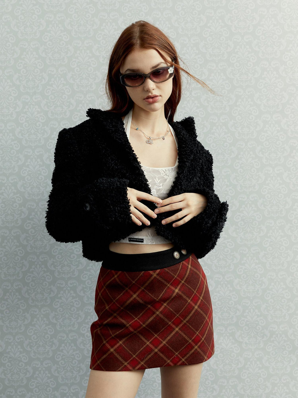 UNIVERSE Vintage Red Plaid High Waist A Line Zipper Women's Polyester Mini Skirts