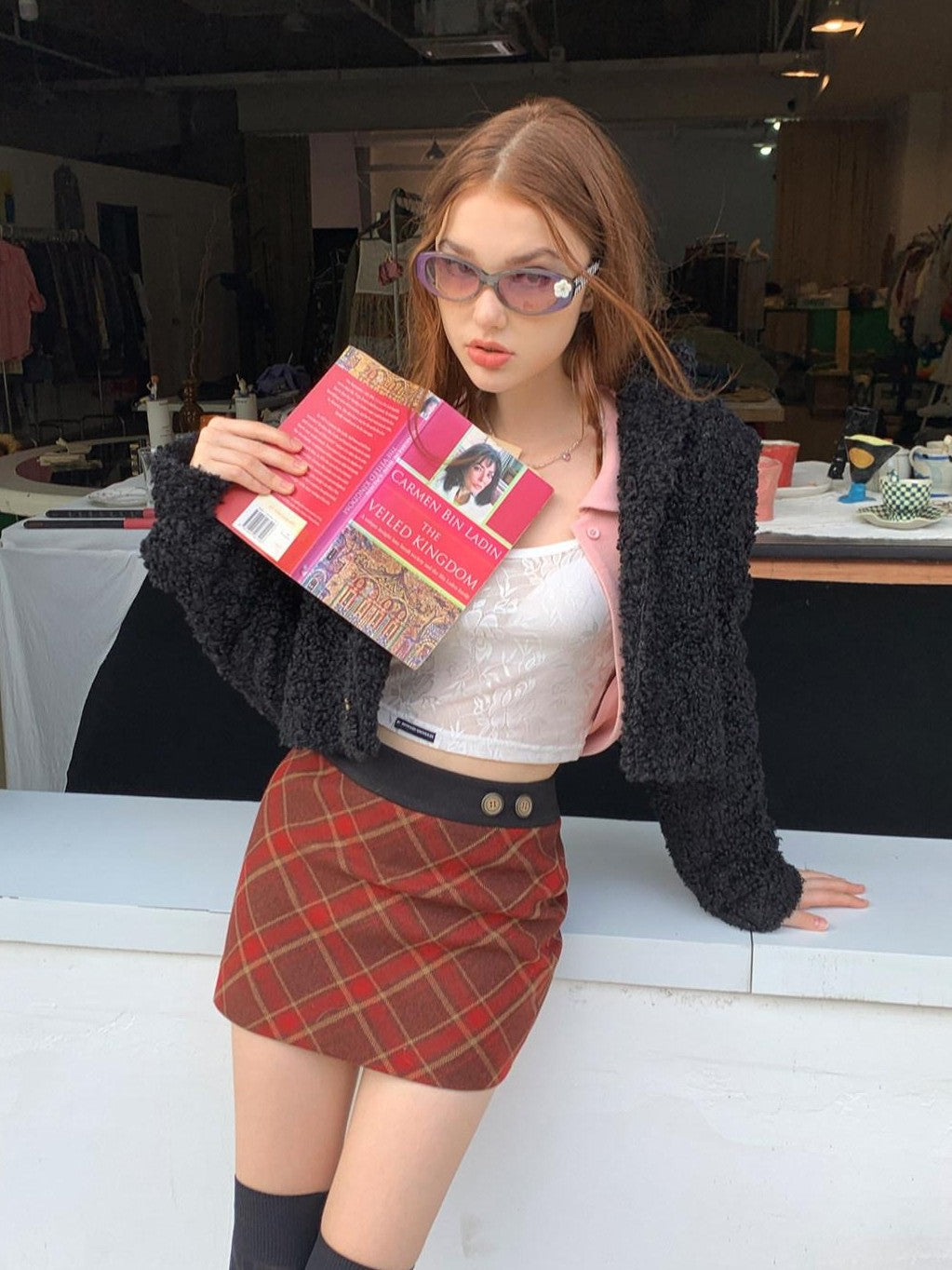 UNIVERSE Vintage Red Plaid High Waist A Line Zipper Women's Polyester Mini Skirts