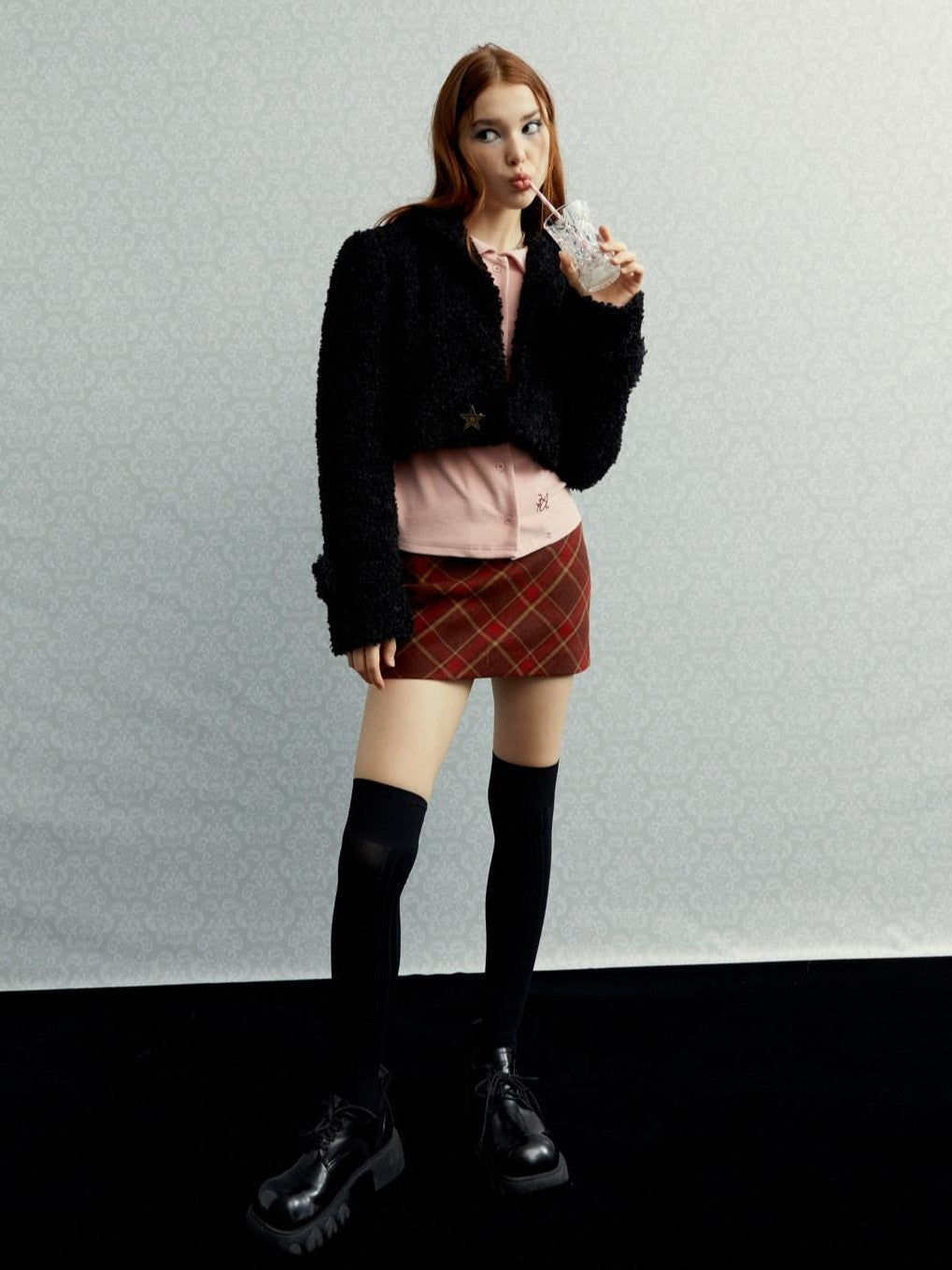 UNIVERSE Vintage Red Plaid High Waist A Line Zipper Women's Polyester Mini Skirts