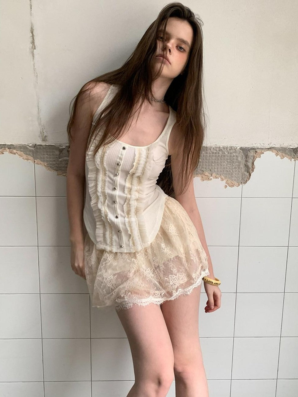 UNIVERSE Vintage Ruffle Edge Lace Splice Fitted Waist Women's Polyester Tencel Tank Tops
