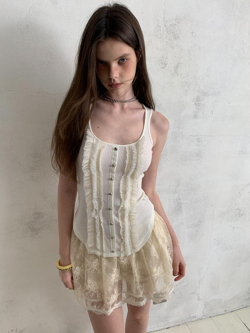UNIVERSE Vintage Ruffle Edge Lace Splice Fitted Waist Women's Polyester Tencel Tank Tops