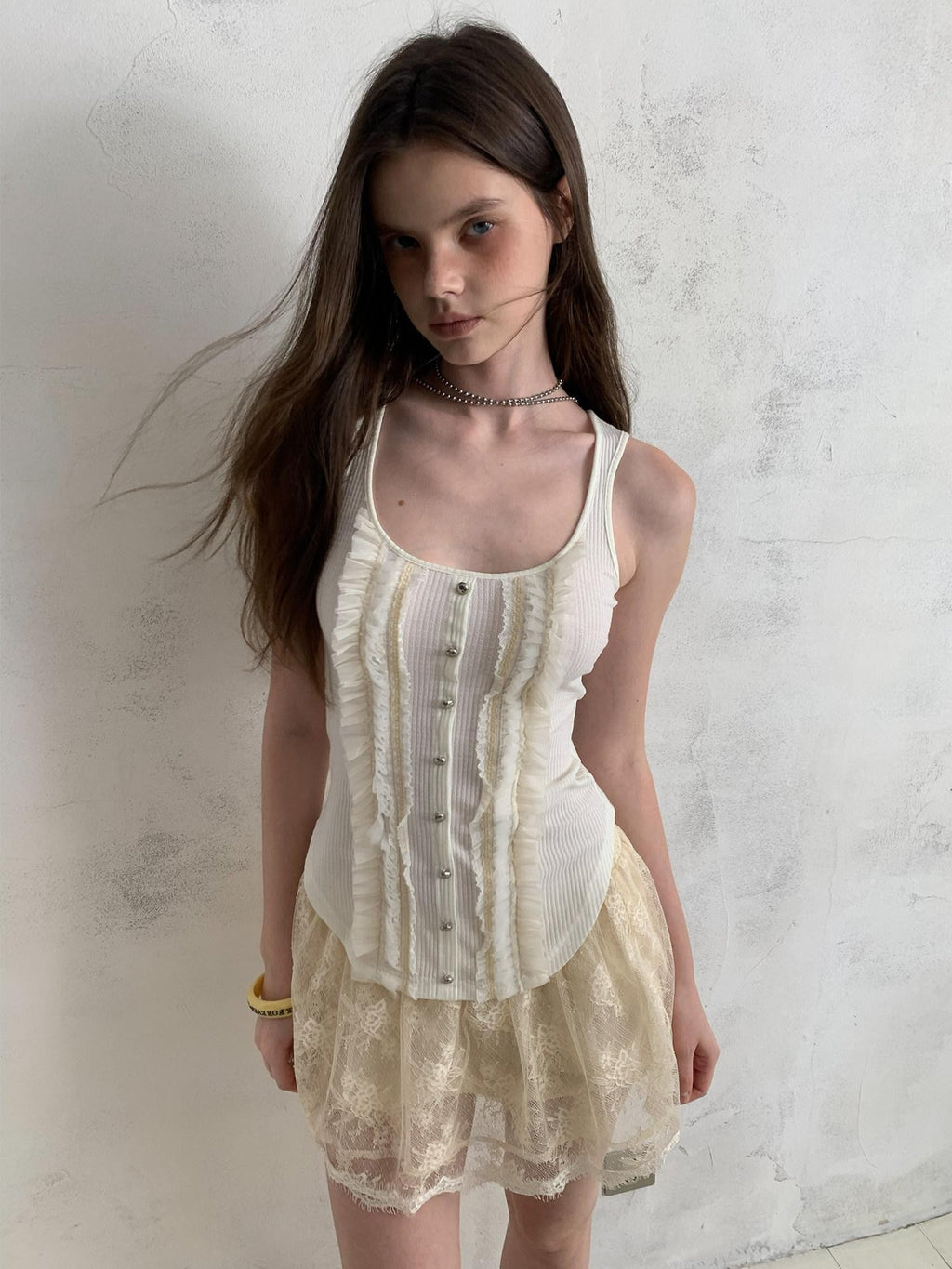 UNIVERSE Vintage Ruffle Edge Lace Splice Fitted Waist Women's Polyester Tencel Tank Tops