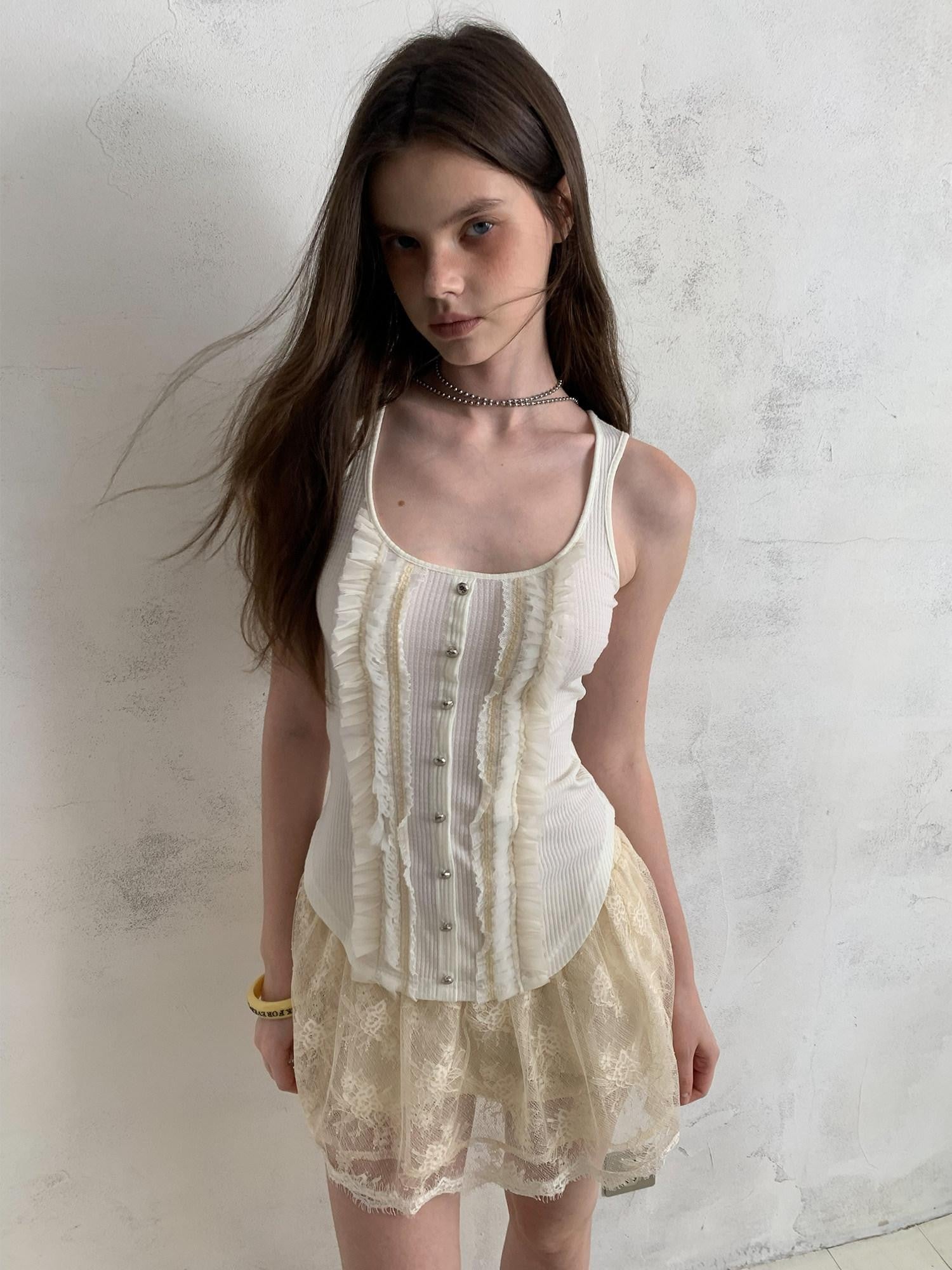 UNIVERSE Vintage Ruffle Edge Lace Splice Fitted Waist Women's Polyester Tencel Tank Tops