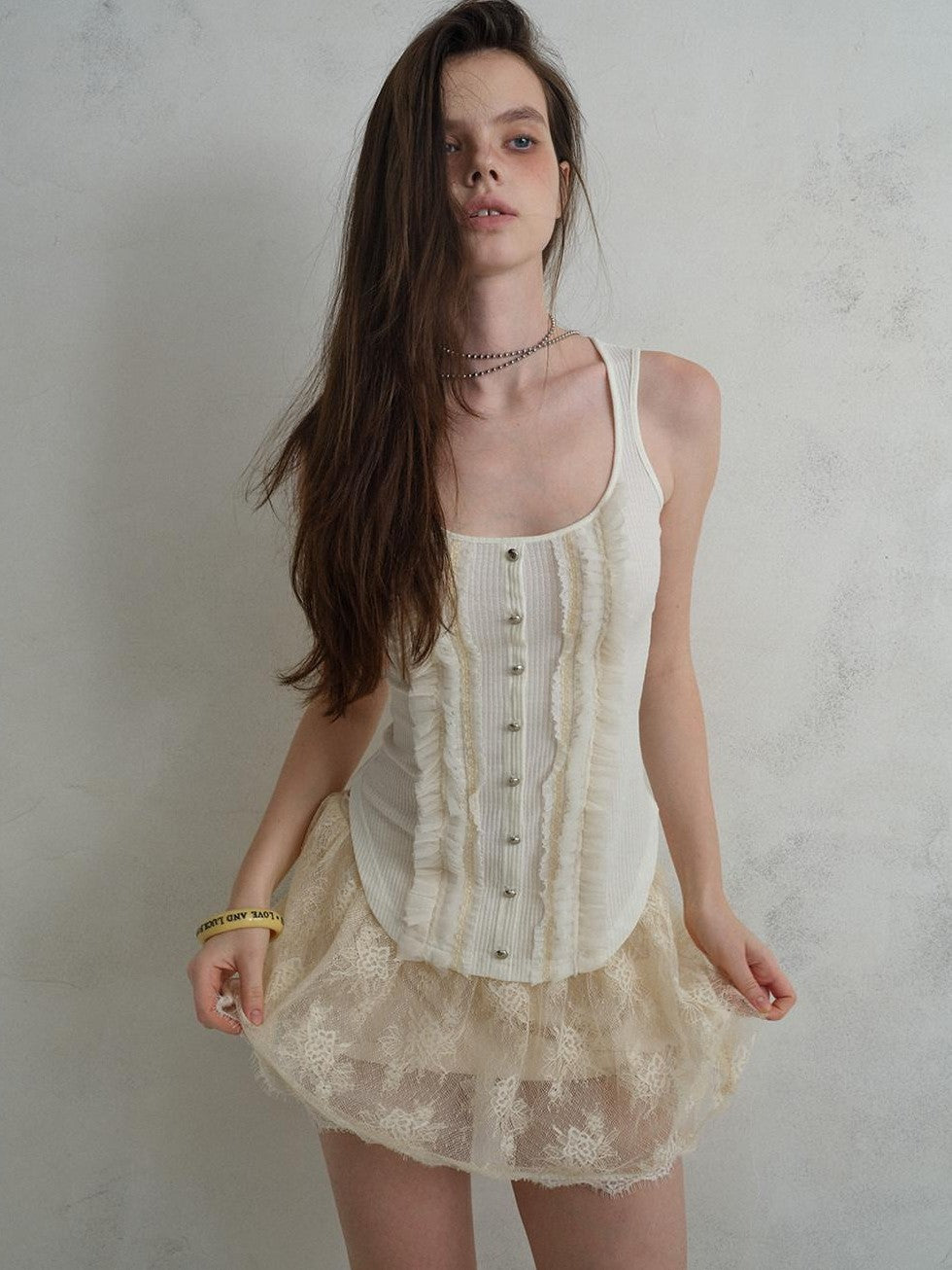 UNIVERSE Vintage Ruffle Edge Lace Splice Fitted Waist Women's Polyester Tencel Tank Tops