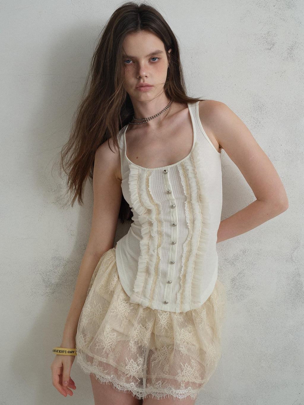 UNIVERSE Vintage Ruffle Edge Lace Splice Fitted Waist Women's Polyester Tencel Tank Tops