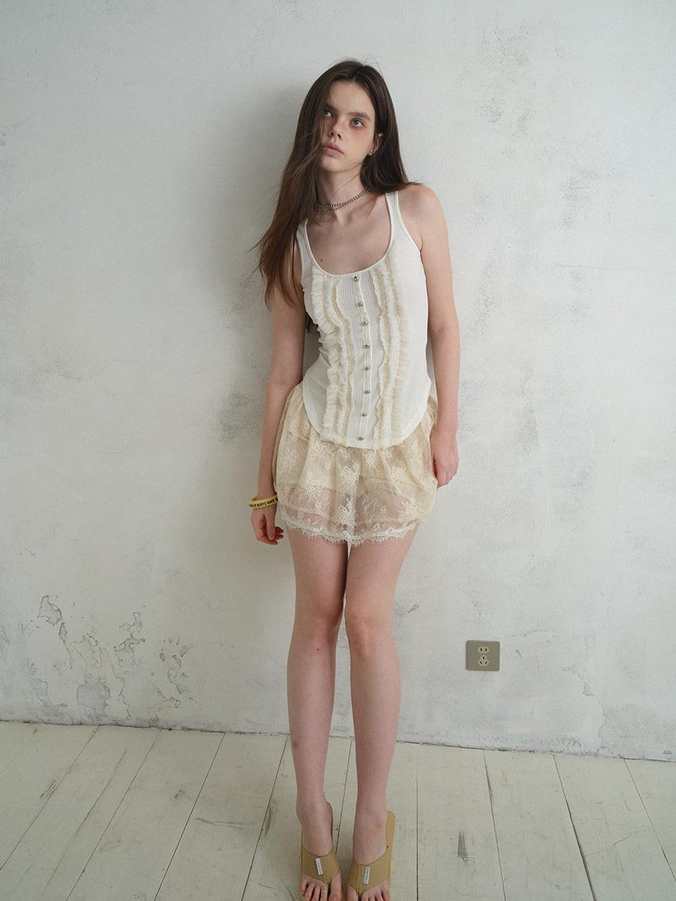 UNIVERSE Vintage Ruffle Edge Lace Splice Fitted Waist Women's Polyester Tencel Tank Tops