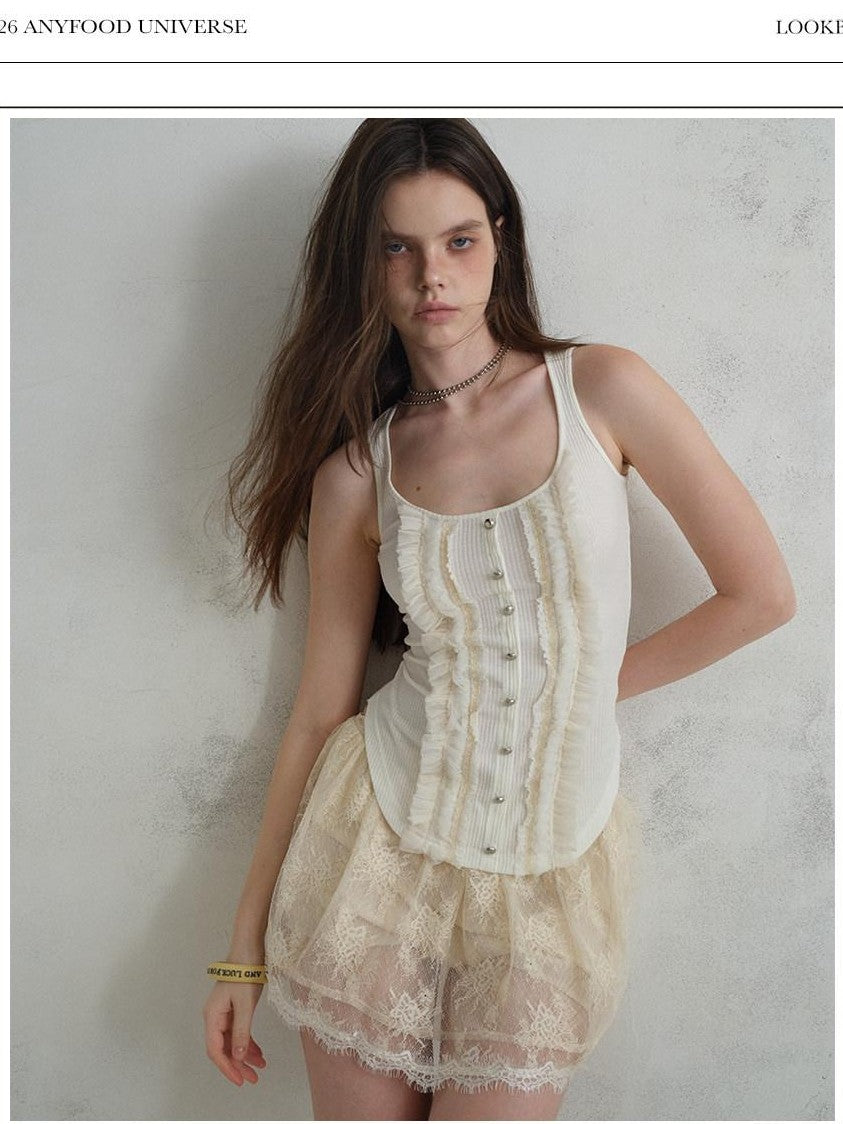 UNIVERSE Vintage Ruffle Edge Lace Splice Fitted Waist Women's Polyester Tencel Tank Tops