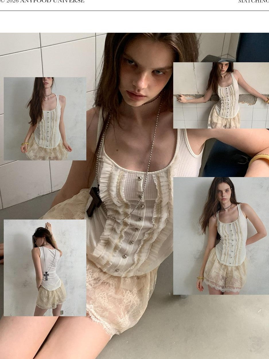 UNIVERSE Vintage Ruffle Edge Lace Splice Fitted Waist Women's Polyester Tencel Tank Tops