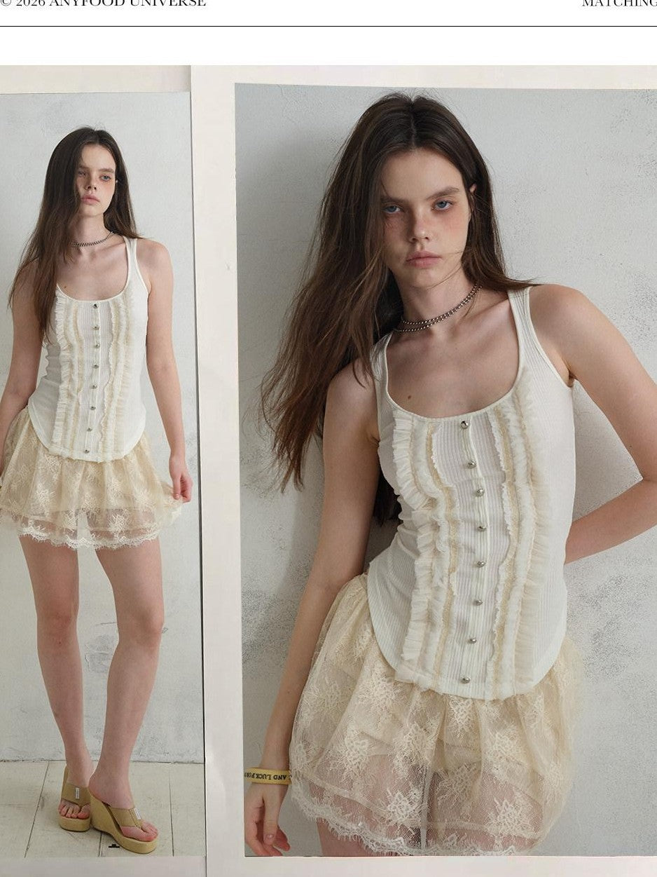 UNIVERSE Vintage Ruffle Edge Lace Splice Fitted Waist Women's Polyester Tencel Tank Tops