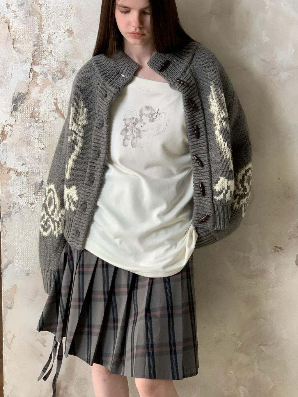 UNIVERSE Vintage Slouchy Devil Kitten Fair Isle Jacquard Women's Acrylic Cardigans