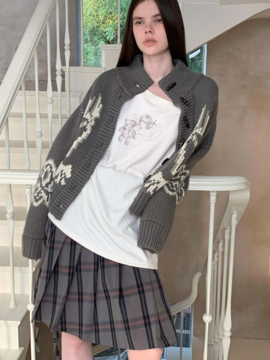 UNIVERSE Vintage Slouchy Devil Kitten Fair Isle Jacquard Women's Acrylic Cardigans