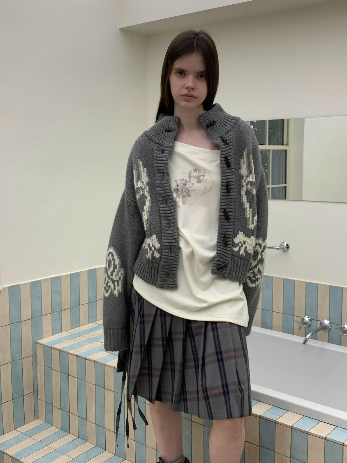 UNIVERSE Vintage Slouchy Devil Kitten Fair Isle Jacquard Women's Acrylic Cardigans