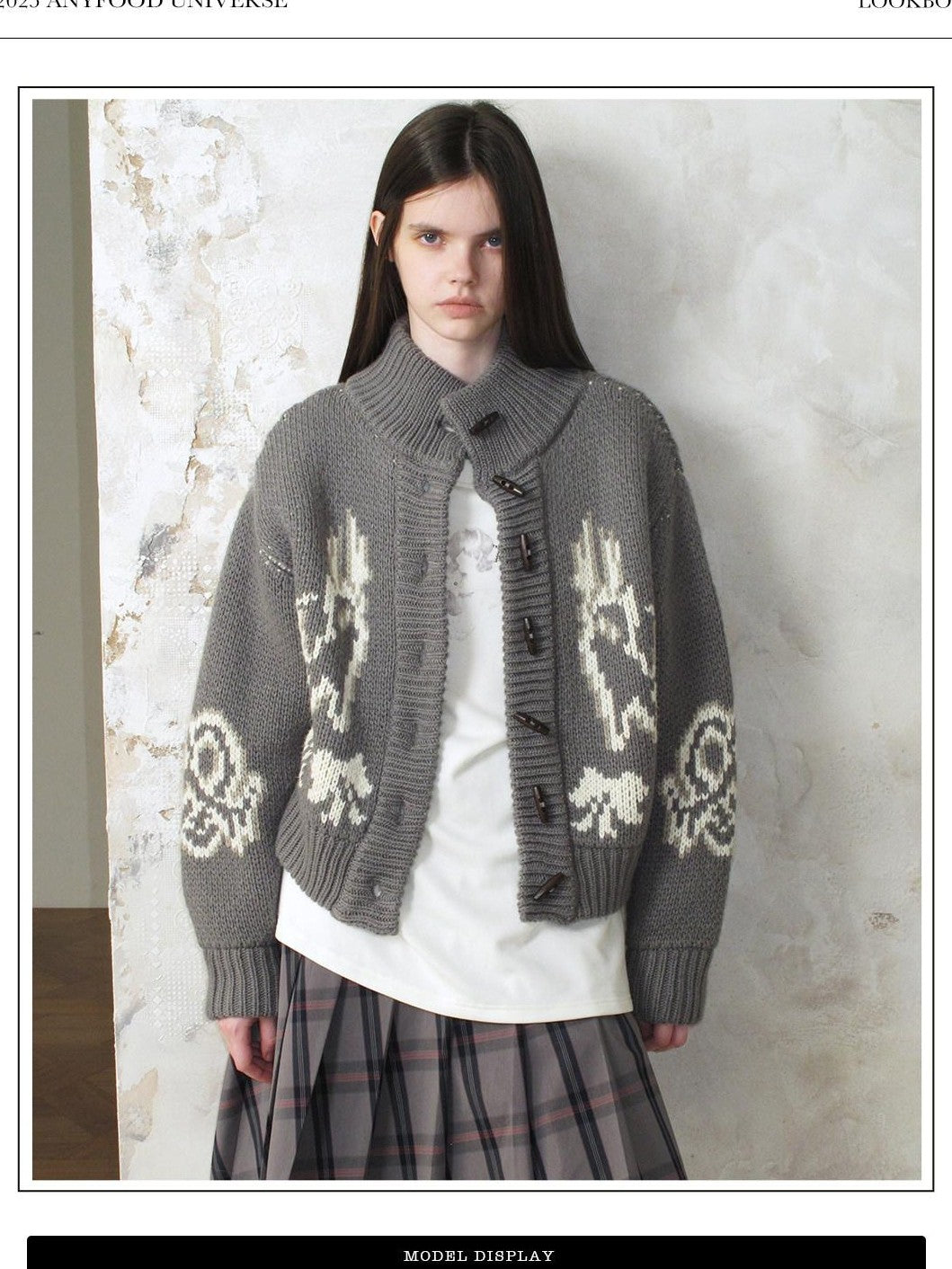 UNIVERSE Vintage Slouchy Devil Kitten Fair Isle Jacquard Women's Acrylic Cardigans