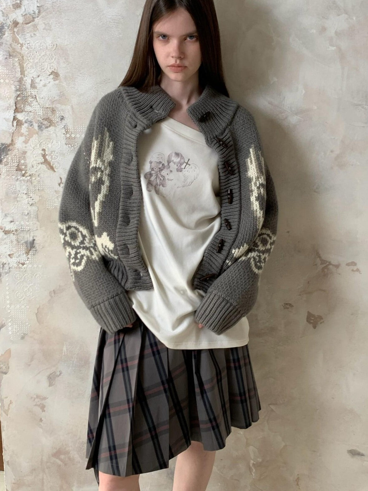 UNIVERSE Vintage Slouchy Devil Kitten Fair Isle Jacquard Women's Acrylic Cardigans