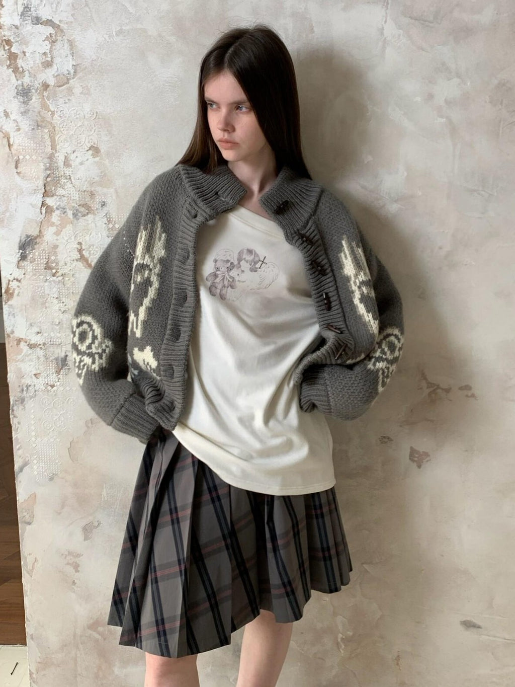UNIVERSE Vintage Slouchy Devil Kitten Fair Isle Jacquard Women's Acrylic Cardigans