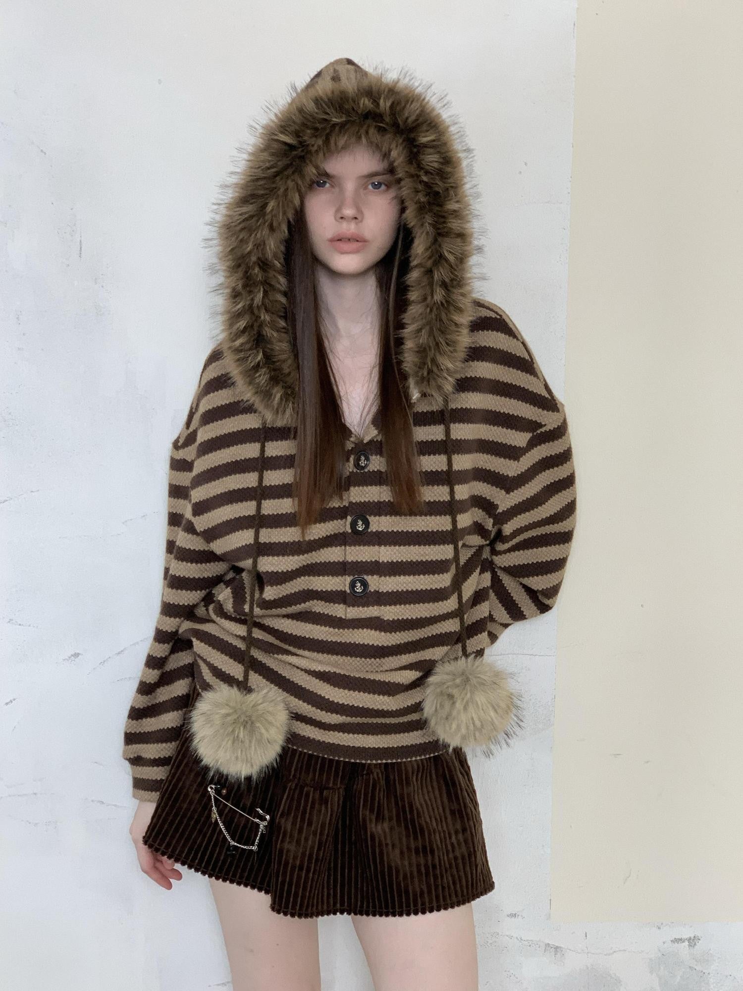 UNIVERSE Vintage Slouchy Striped Pompom Fur Collar Hooded Women's Acrylic Blend Hoodies