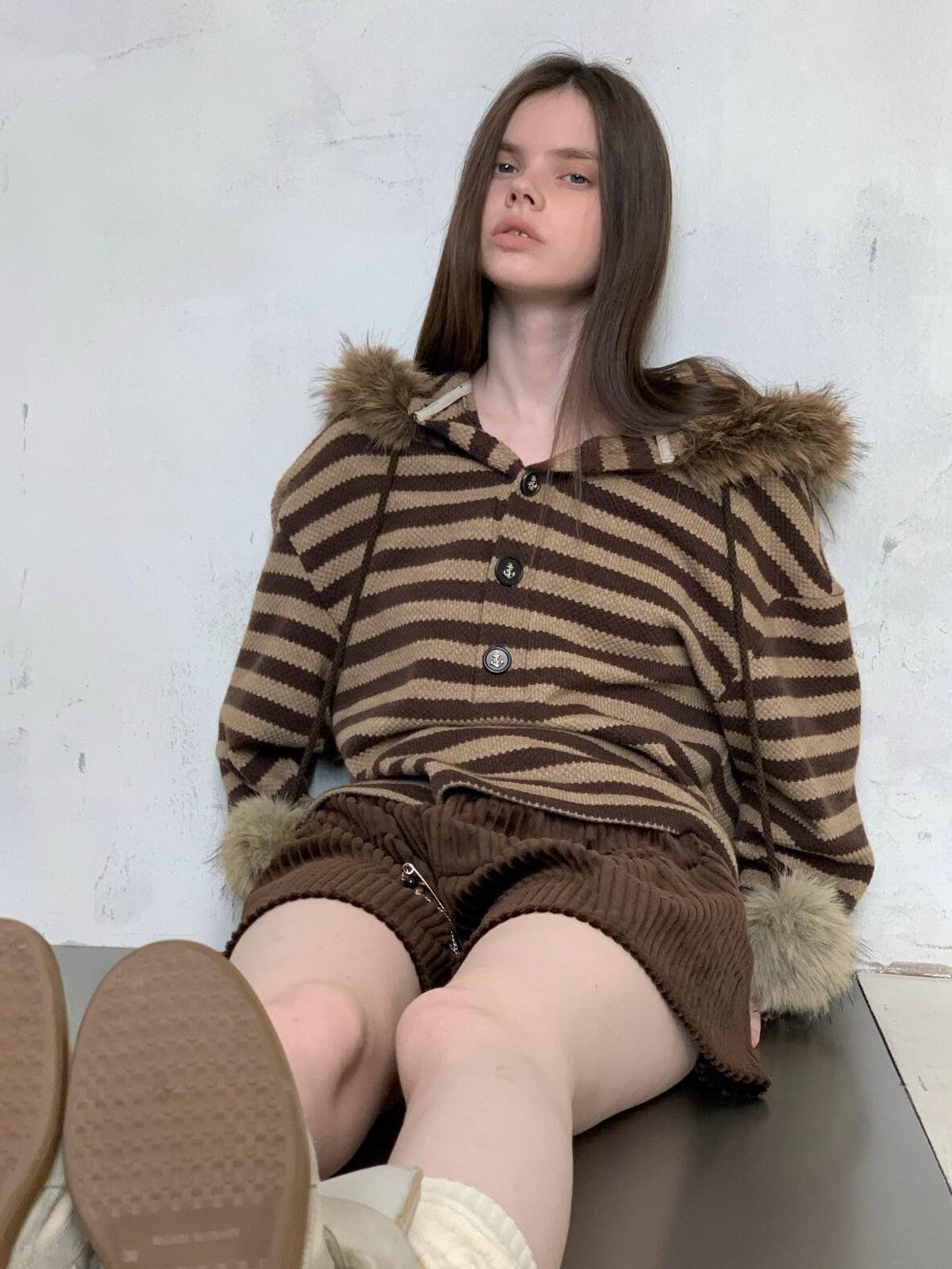 UNIVERSE Vintage Slouchy Striped Pompom Fur Collar Hooded Women's Acrylic Blend Hoodies