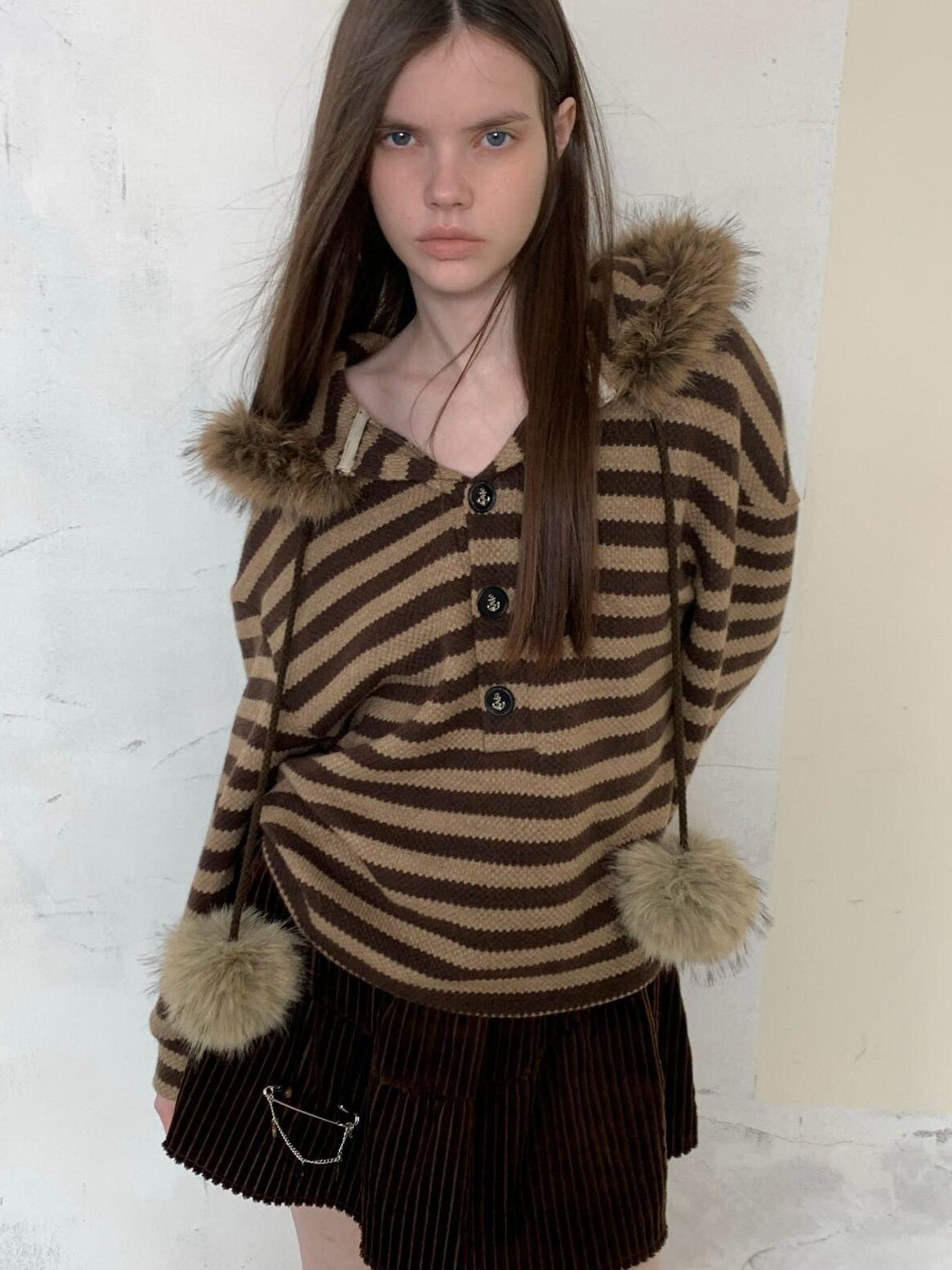 UNIVERSE Vintage Slouchy Striped Pompom Fur Collar Hooded Women's Acrylic Blend Hoodies