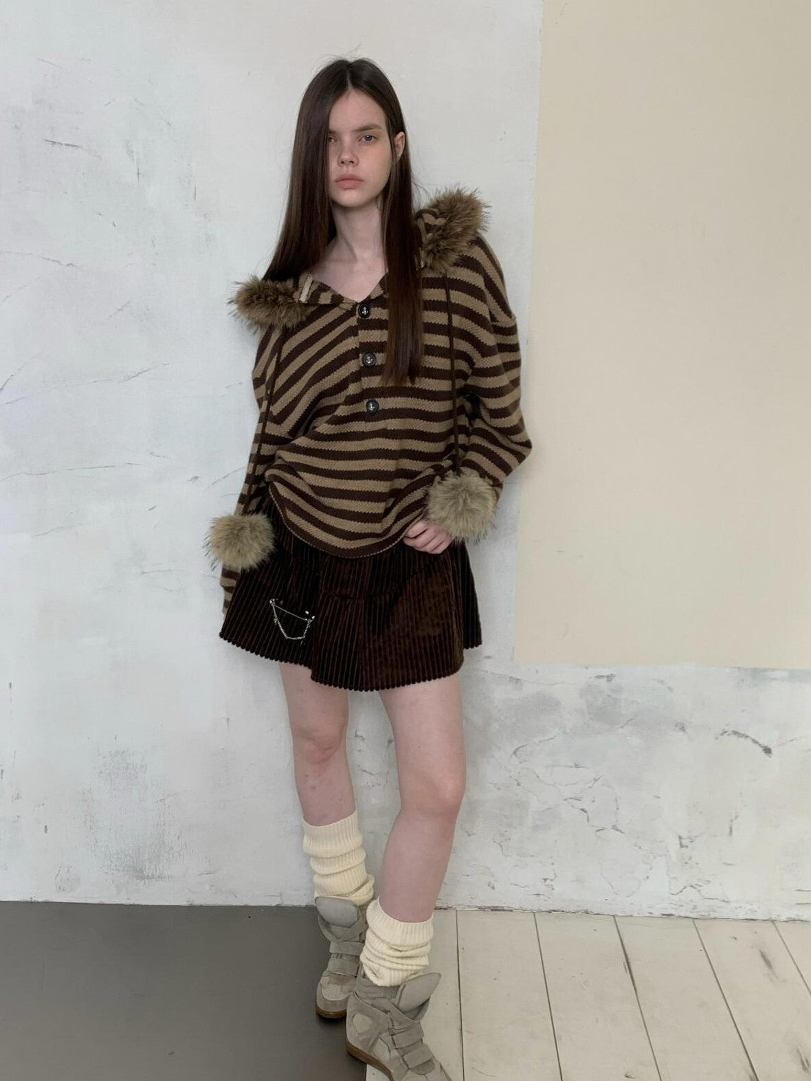 UNIVERSE Vintage Slouchy Striped Pompom Fur Collar Hooded Women's Acrylic Blend Hoodies