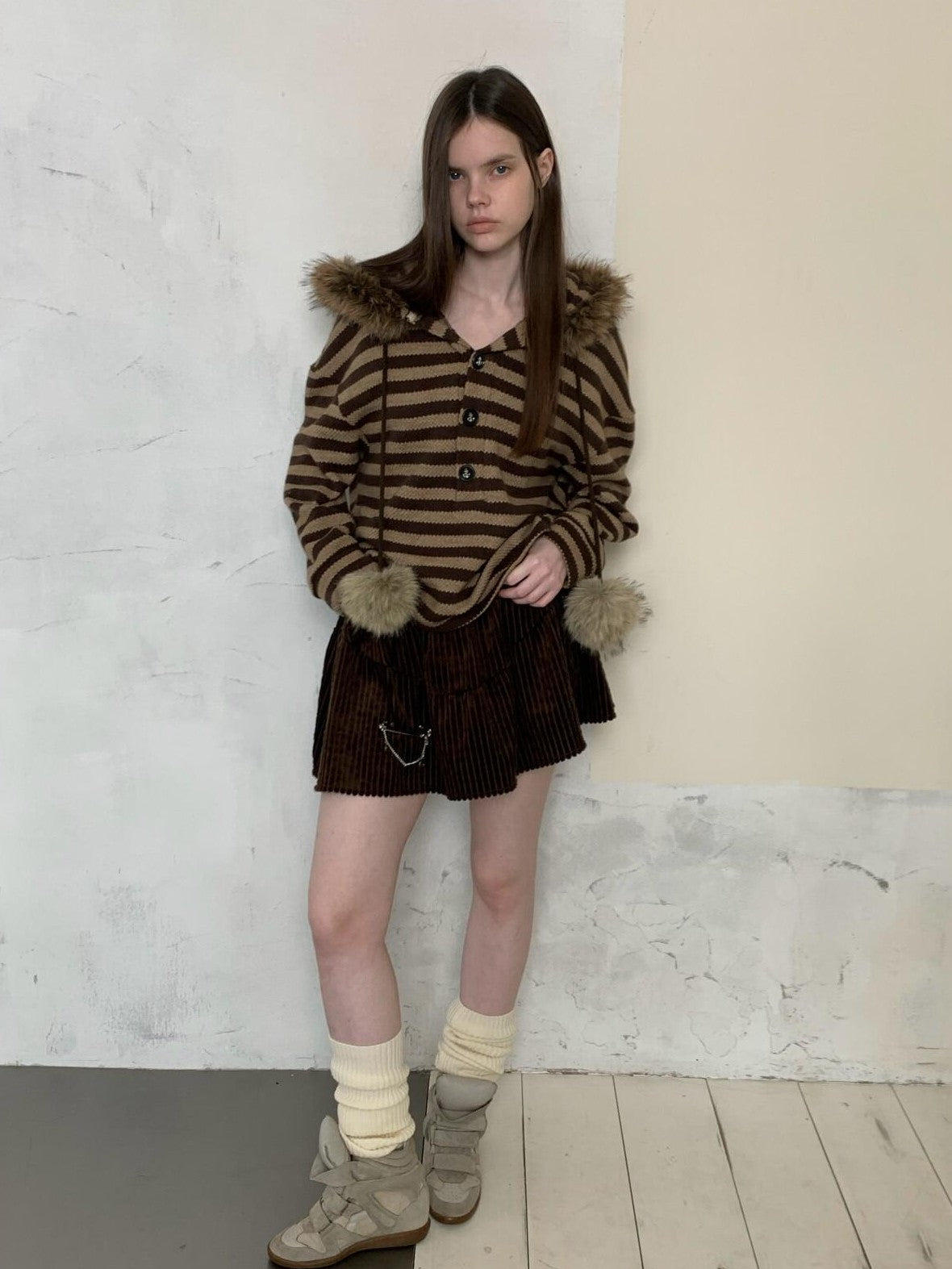 UNIVERSE Vintage Slouchy Striped Pompom Fur Collar Hooded Women's Acrylic Blend Hoodies